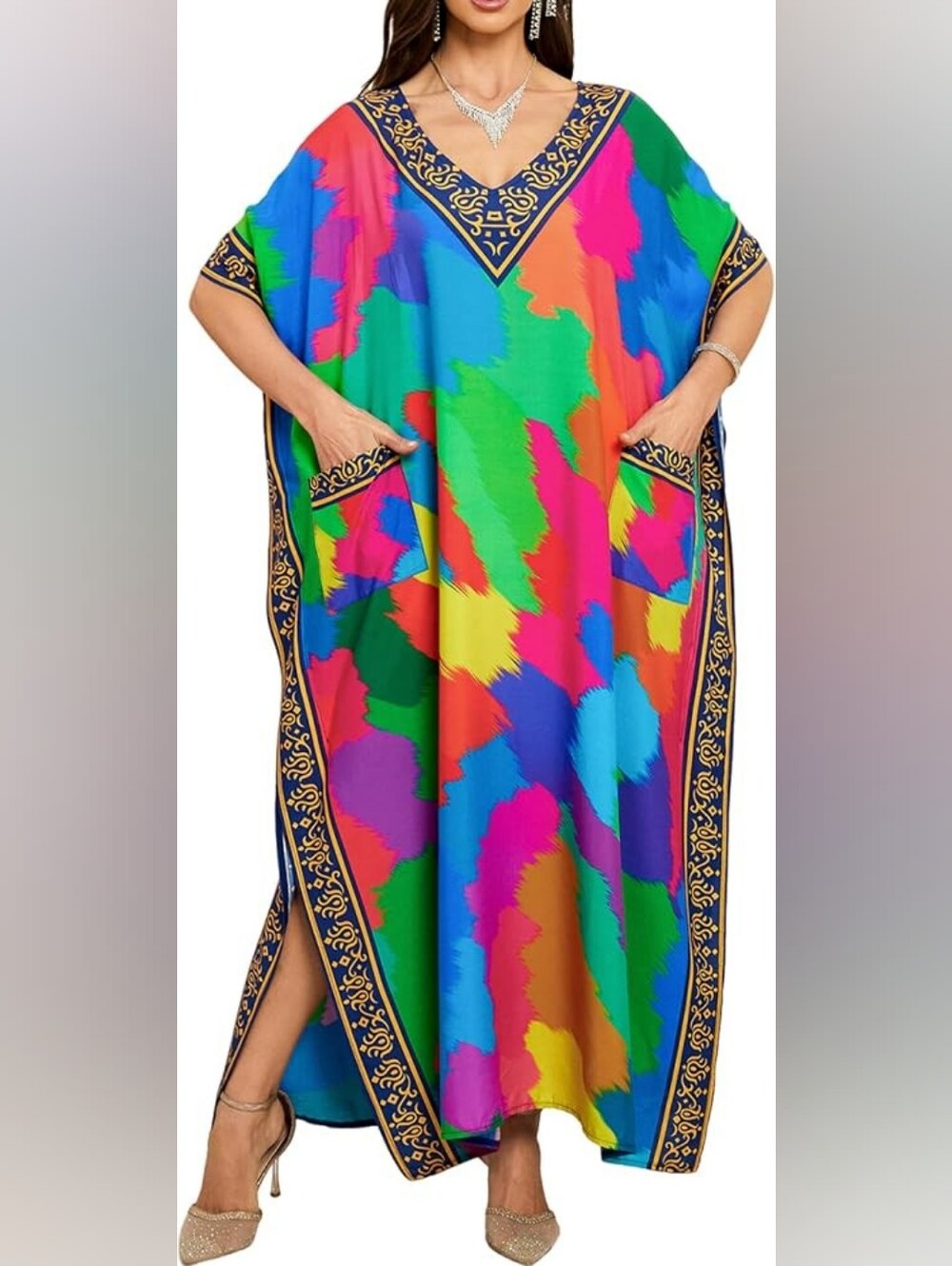 Women's Kaftan Dress, Beach Flowy V-Neck Maxi Swimwear Oversized Cover Up